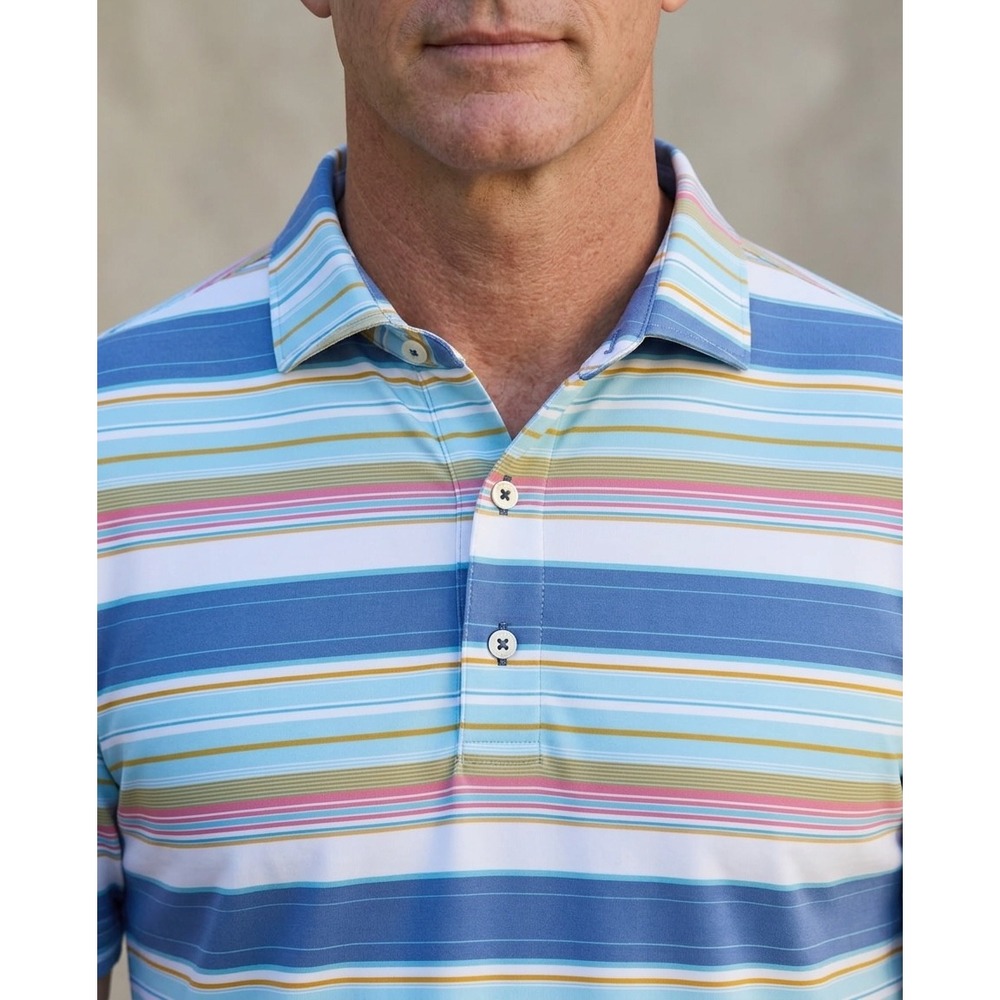 Johnnie-O Mens Striped Performance Golf Polo Shirt Blue Pink Gainey Ranch Medium
